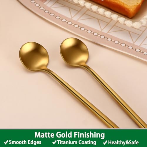 DEHOV Satin Gold 6.7 Inches Coffee Spoon,4 Pieces Stainless Steel 18/10 Tea Spoons Set,Solid Round Handle Coffee Stirring Spoon,Durable Dishwasher Safe Long Handle Ice Cream Spoons,Teaspoon - Image 4