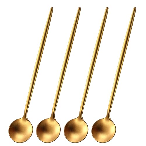 DEHOV Satin Gold 6.7 Inches Coffee Spoon,4 Pieces Stainless Steel 18/10 Tea Spoons Set,Solid Round Handle Coffee Stirring Spoon,Durable Dishwasher Safe Long Handle Ice Cream Spoons,Teaspoon - Image 1