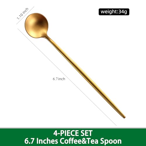DEHOV Satin Gold 6.7 Inches Coffee Spoon,4 Pieces Stainless Steel 18/10 Tea Spoons Set,Solid Round Handle Coffee Stirring Spoon,Durable Dishwasher Safe Long Handle Ice Cream Spoons,Teaspoon - Image 2