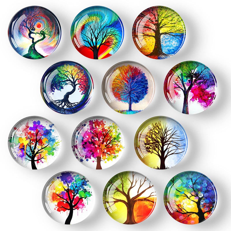 COSOW 12Pcs Glass Strong Magnetic Refrigerator Magnet Fridge Sticker  Round Life Tree Glass Fridge Decoration Office Whiteboard Magnet for Cabinet Dishwasher Cabinet and Locker