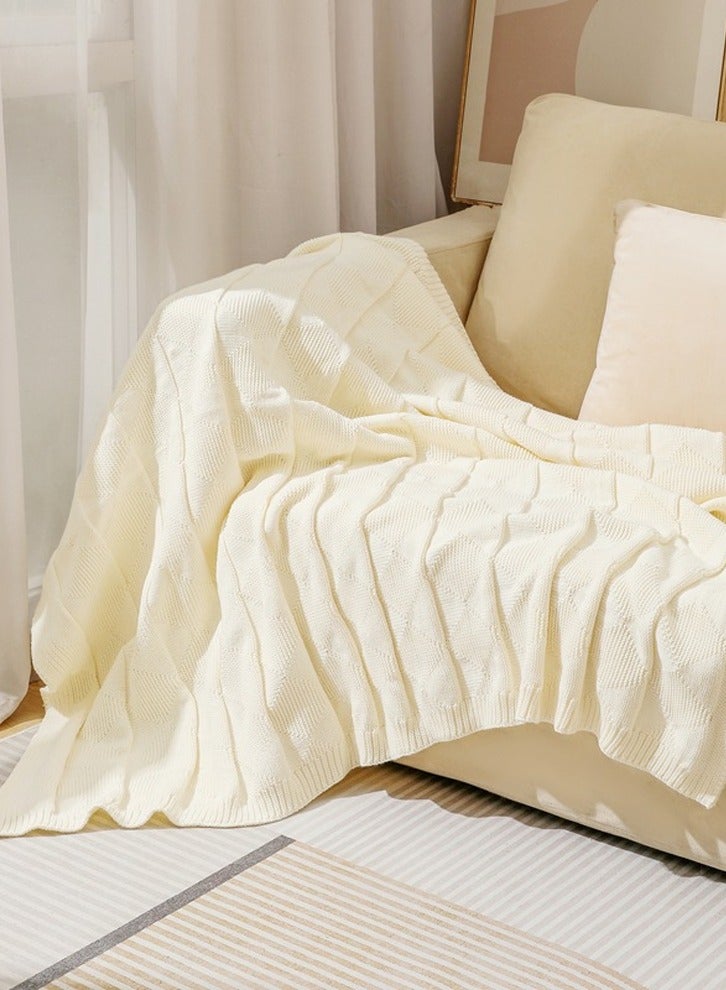 Loquat Solid Color Waffle Pattern Knitted Soft Throw Blanket Keep Warm White  - Image 1