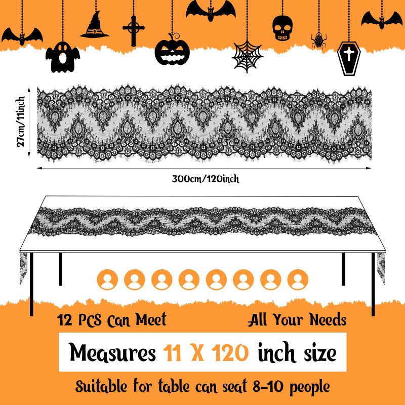 Chumia Chumia 12 Pcs Black Lace Table Runners 11 x 120 Inch Rustic Wedding Lace Table Runner Decor Vintage Romantic Black Lace Table Cloth Party Decor for Halloween Engagement Hotel Home Table(Elegant) - Image 2