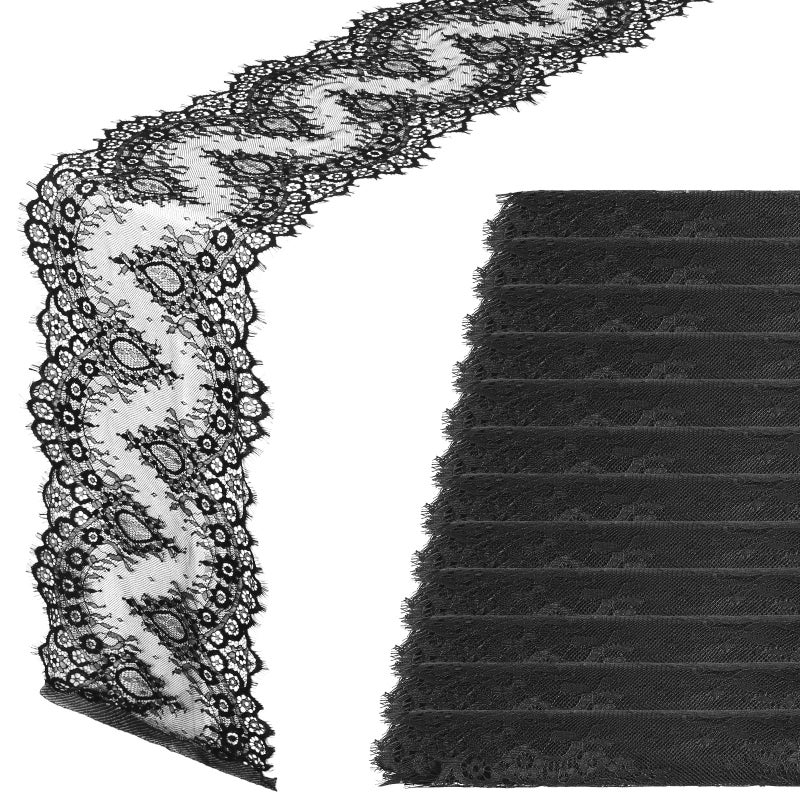 Chumia Chumia 12 Pcs Black Lace Table Runners 11 x 120 Inch Rustic Wedding Lace Table Runner Decor Vintage Romantic Black Lace Table Cloth Party Decor for Halloween Engagement Hotel Home Table(Elegant) - Image 1