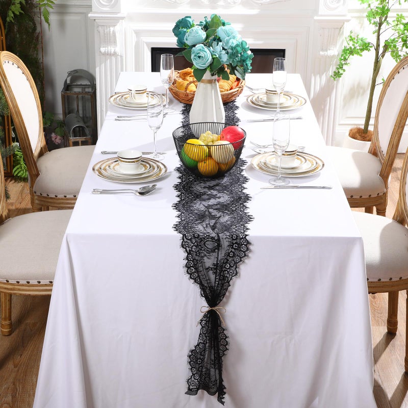 Chumia Chumia 12 Pcs Black Lace Table Runners 11 x 120 Inch Rustic Wedding Lace Table Runner Decor Vintage Romantic Black Lace Table Cloth Party Decor for Halloween Engagement Hotel Home Table(Elegant) - Image 5