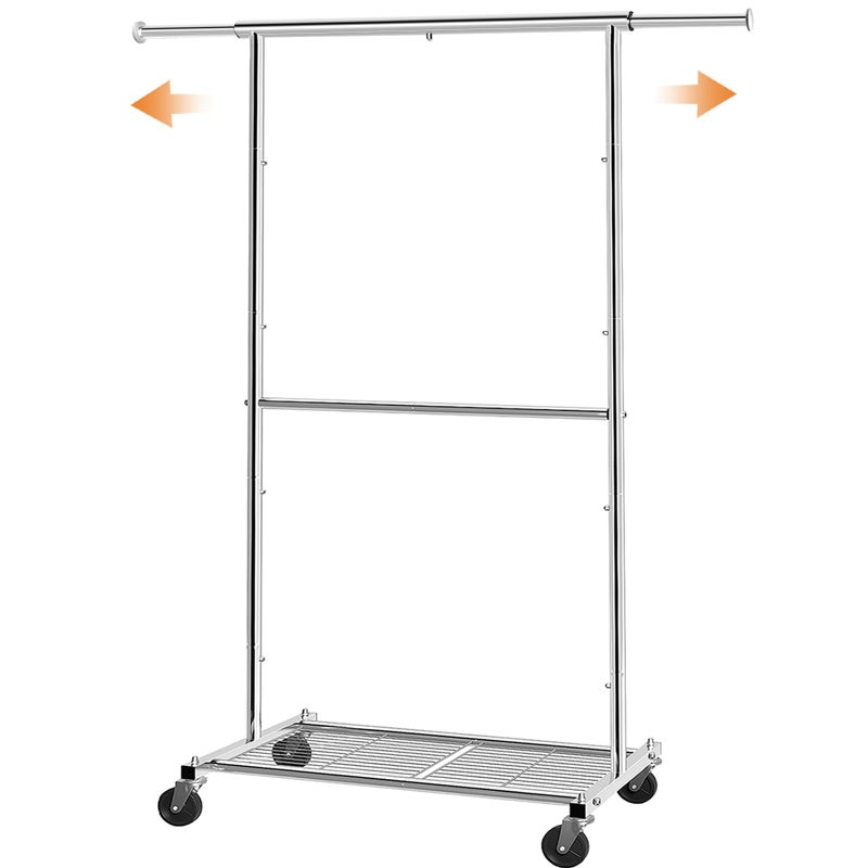 Simple Trending Standard Clothing Garment Rack Rolling Clothes Organizer with Wheels and Bottom Shelves Extendable Chrome