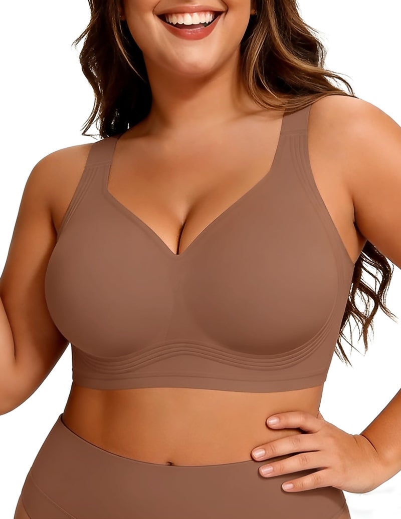 PoseFree Womens Bras No Underwire Full Support Back Fat Smoothing Bralette Wireless Push Up Plus Size Sports Bra (Coffee,2XL) - Image 1