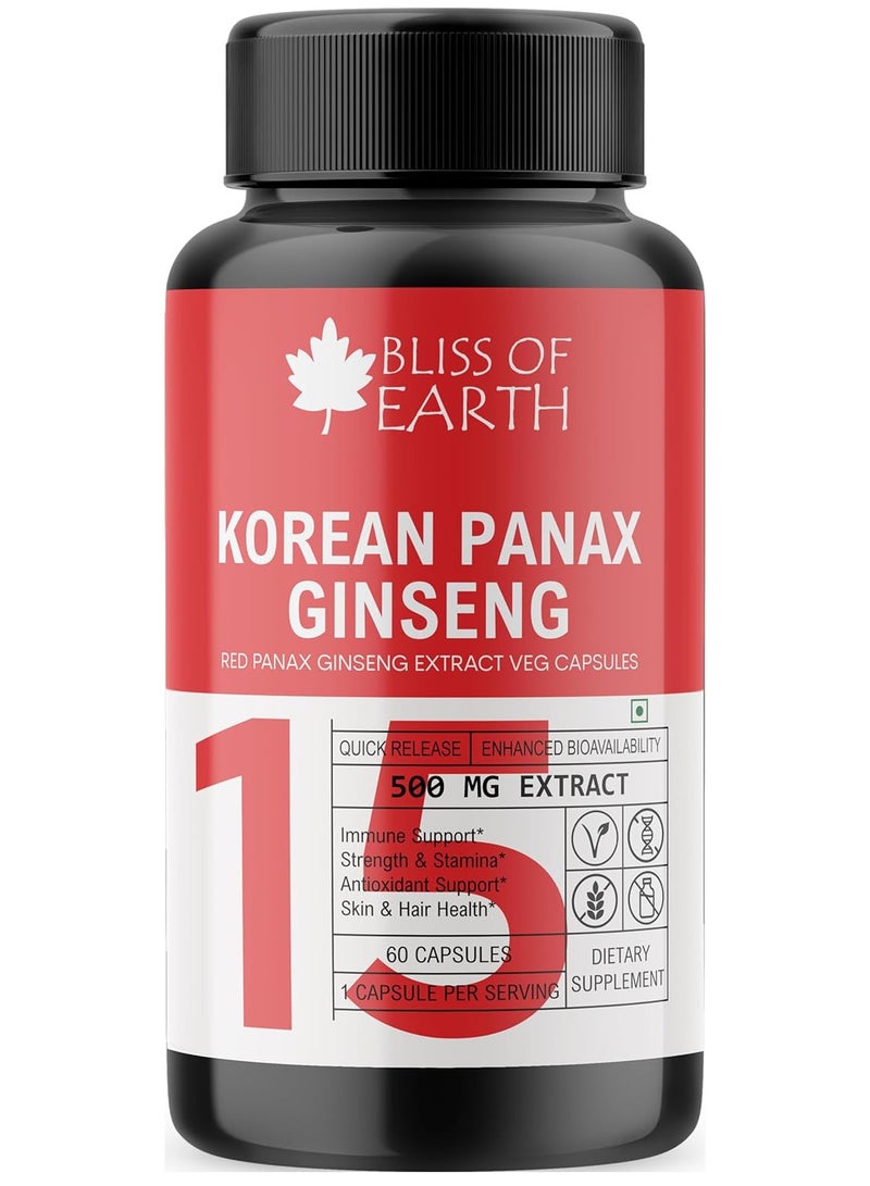 BLISS OF EARTH Korean Ginseng Capsules High Potency 600mg Root Extract 60 Veg Capsules - Image 1
