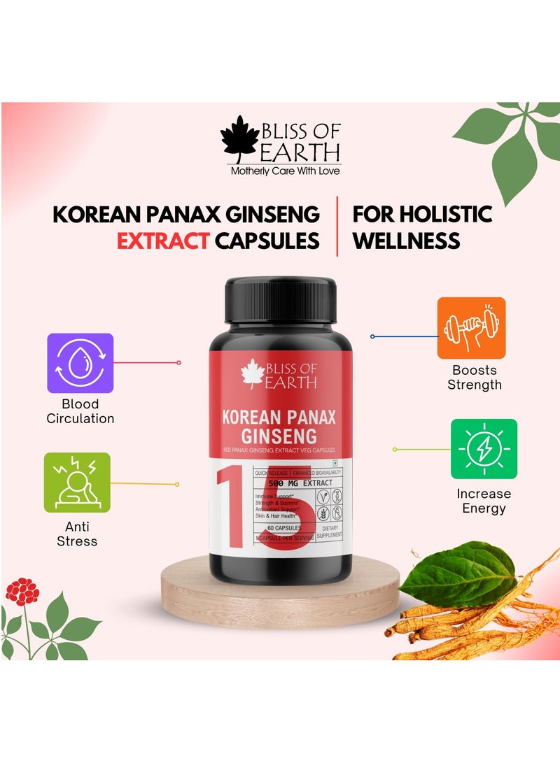 BLISS OF EARTH Korean Ginseng Capsules High Potency 600mg Root Extract 60 Veg Capsules - Image 2