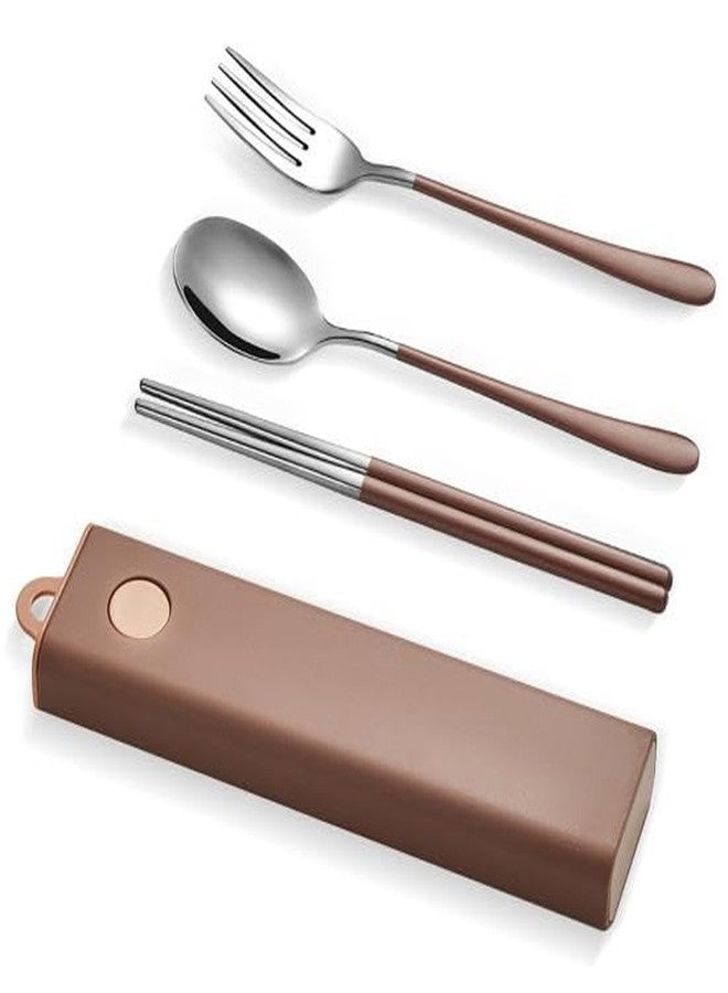 CherryBox Cutlery Set Spoon Fork & Chopstick Set with Box - Flatware Dinnerware Cutlery Tableware Set Portable Travel Kit - Coloured Silverware Stainless Steel (Brown) - Image 1