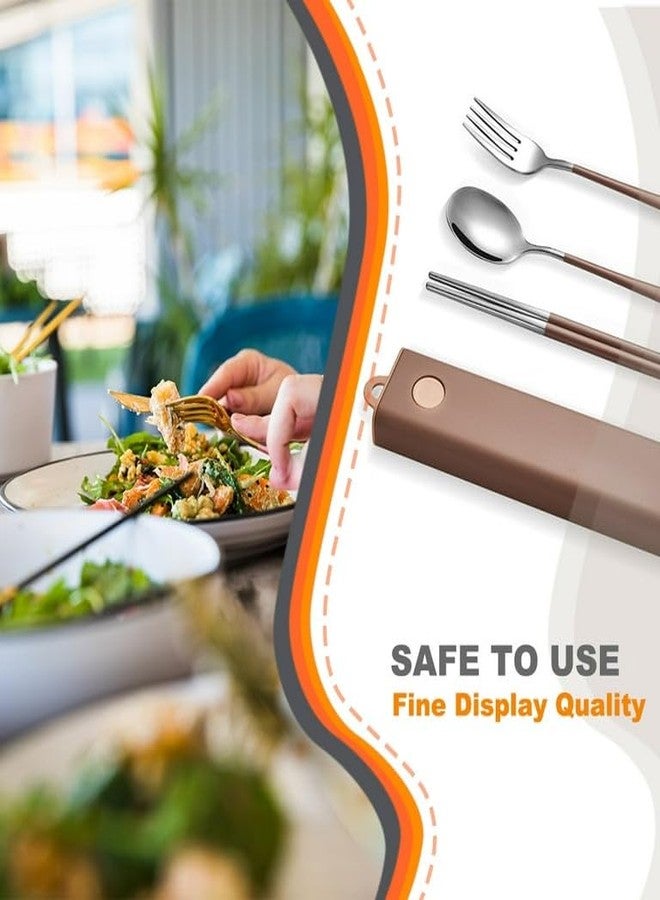 CherryBox Cutlery Set Spoon Fork & Chopstick Set with Box - Flatware Dinnerware Cutlery Tableware Set Portable Travel Kit - Coloured Silverware Stainless Steel (Brown) - Image 3