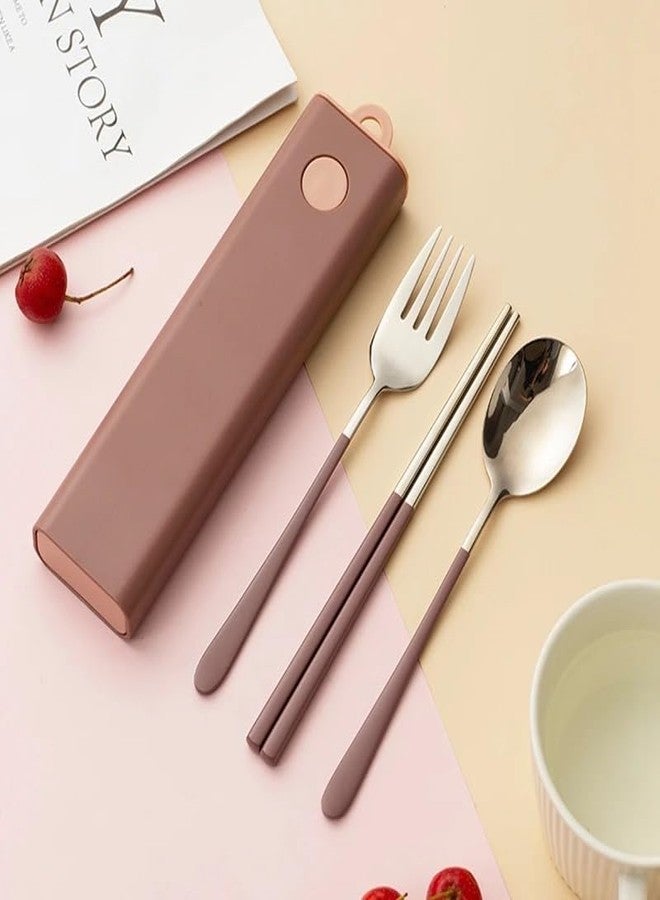 CherryBox Cutlery Set Spoon Fork & Chopstick Set with Box - Flatware Dinnerware Cutlery Tableware Set Portable Travel Kit - Coloured Silverware Stainless Steel (Brown) - Image 2