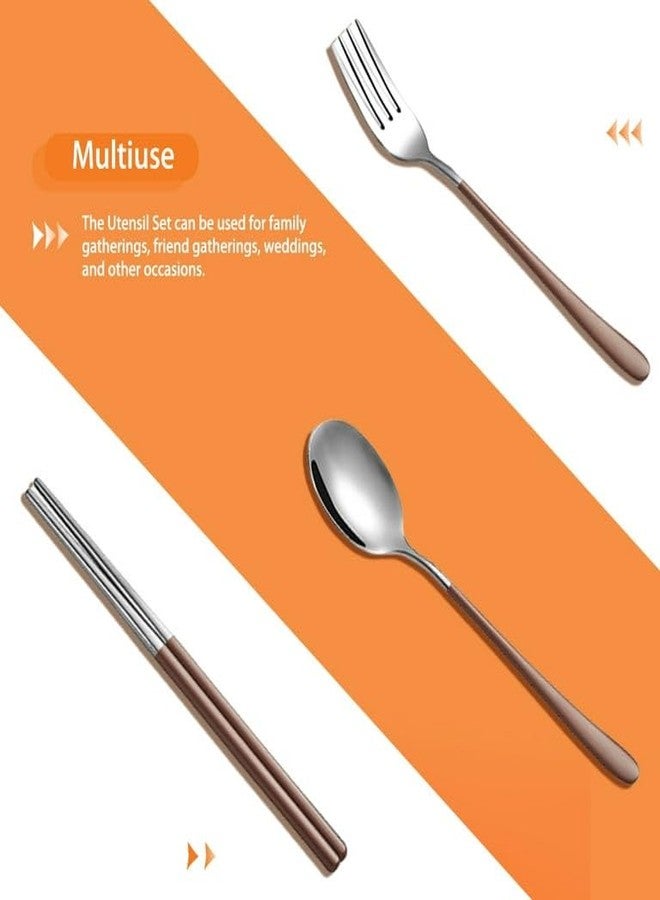 CherryBox Cutlery Set Spoon Fork & Chopstick Set with Box - Flatware Dinnerware Cutlery Tableware Set Portable Travel Kit - Coloured Silverware Stainless Steel (Brown) - Image 5