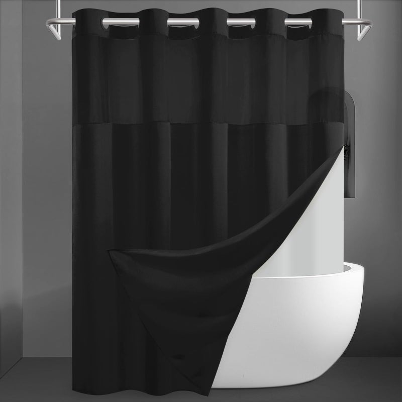 SORTTO No Hook Slub Textured Shower Curtain with Snap in Liner - Black Fabric Outer Curtain & Waterproof Inner Liner, Hotel Style with See Through Top Window, 71x74 in - Image 1