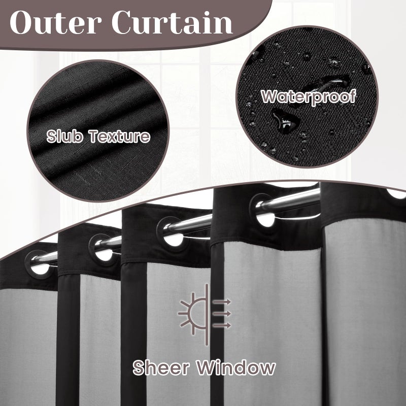 SORTTO No Hook Slub Textured Shower Curtain with Snap in Liner - Black Fabric Outer Curtain & Waterproof Inner Liner, Hotel Style with See Through Top Window, 71x74 in - Image 2