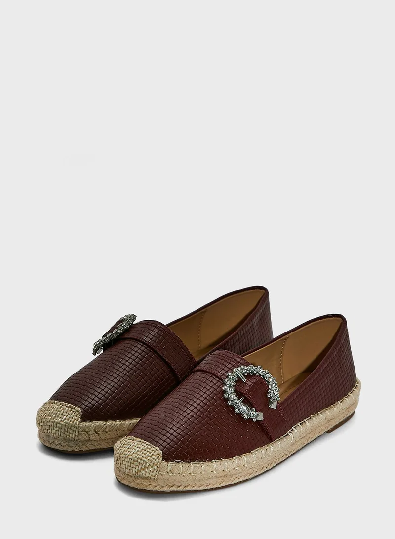 ELLA Textured Diamante Buckle Flat Espadrille