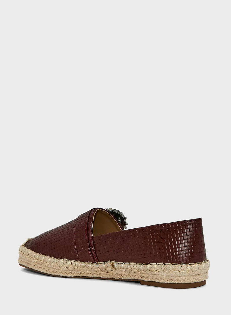 ELLA Textured Diamante Buckle Flat Espadrille