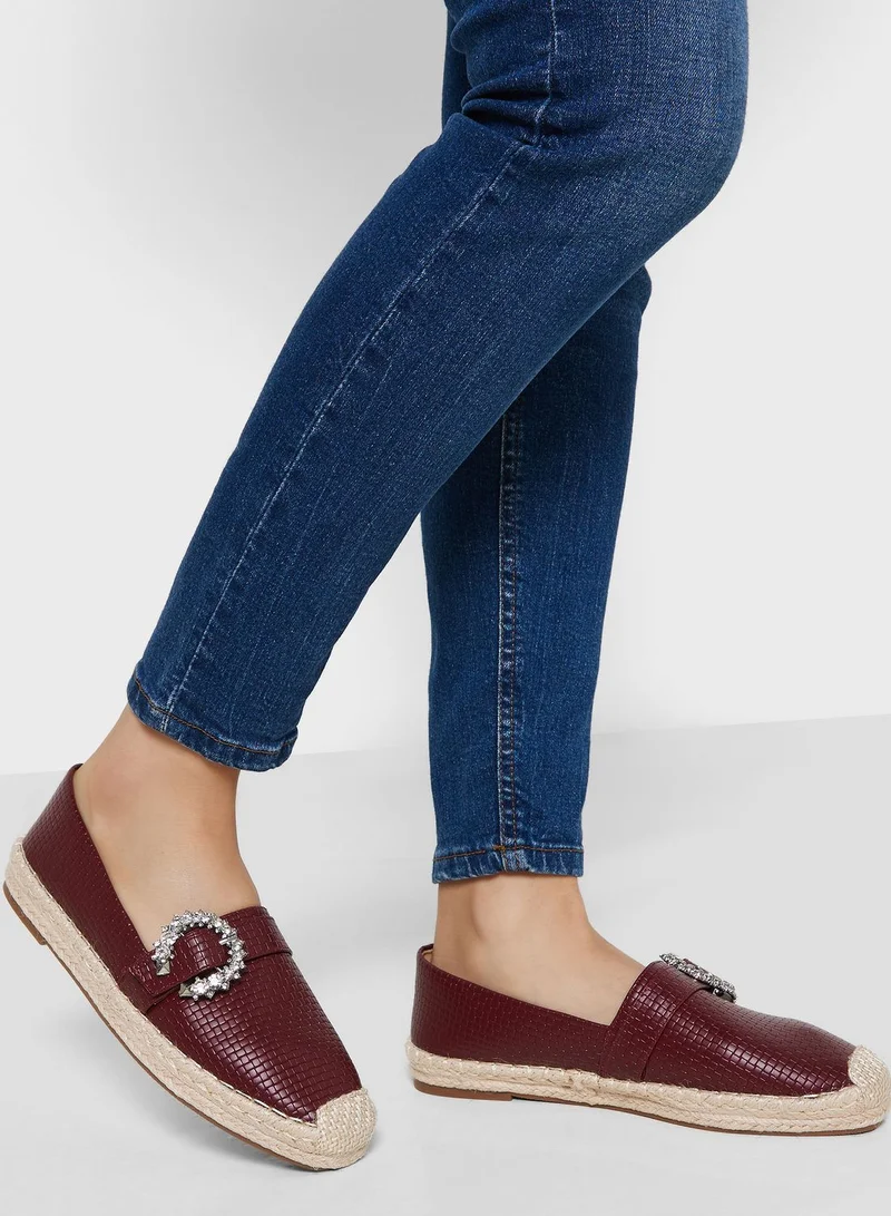 ELLA Textured Diamante Buckle Flat Espadrille