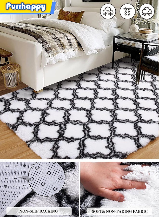 Purrhappy Geometric Shag Area Rug for Bedroom, 160*120cm Dark Grey and White High Pile Ultra Large Soft Plush Shaggy Furry Bedside Playroom Dorm Carpet, Non-Slip, Non-Shedding Indoor Floor Rug - Image 1