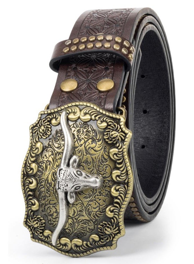 Eohak Western-Belt-for-Women-Cowgirl, PU-Leather-Waist-Belts with Vintage-Carved-Buckle and Tips-Ends for Jeans Pants Dresses, Dark Brown, M - Image 4