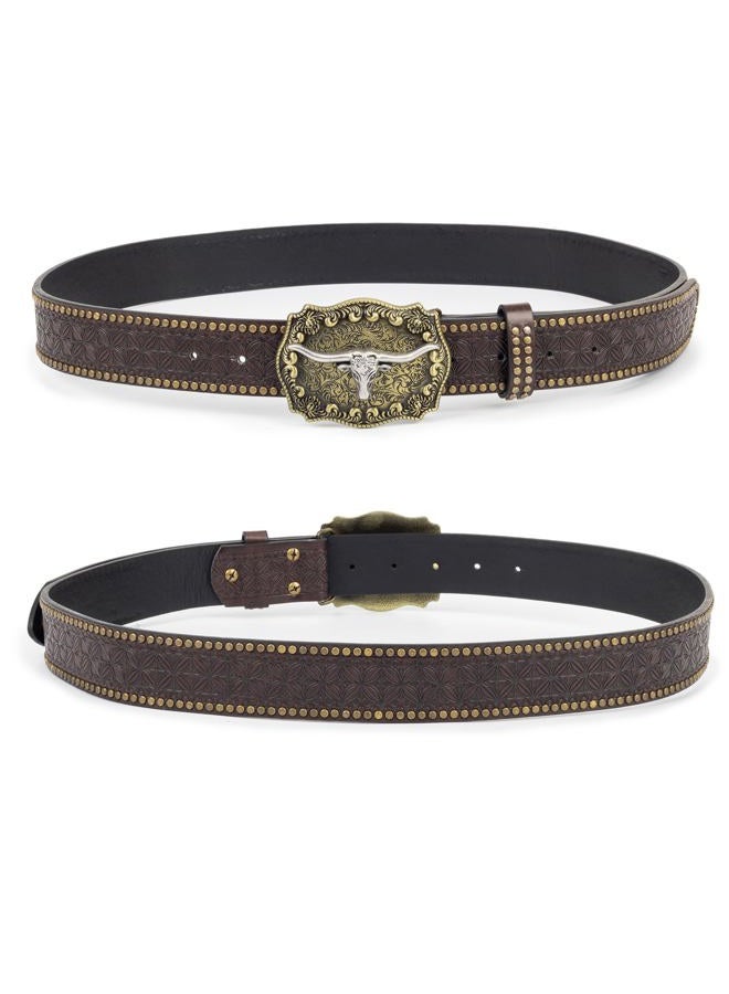 Eohak Western-Belt-for-Women-Cowgirl, PU-Leather-Waist-Belts with Vintage-Carved-Buckle and Tips-Ends for Jeans Pants Dresses, Dark Brown, M - Image 3
