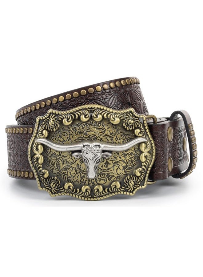 Eohak Western-Belt-for-Women-Cowgirl, PU-Leather-Waist-Belts with Vintage-Carved-Buckle and Tips-Ends for Jeans Pants Dresses, Dark Brown, M - Image 1
