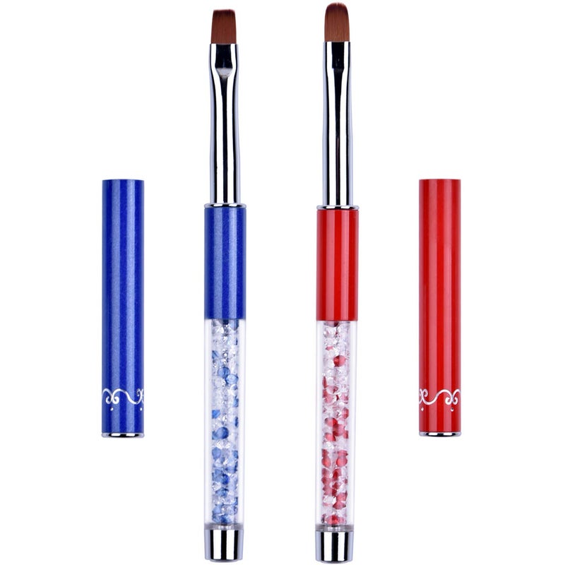Ycyan 2Pcs Oval & Flat UV Gel Nail Brush Set Rhinestone Handle Professional Nail Art Design Brushes Multi-colored Size 8 - Image 2