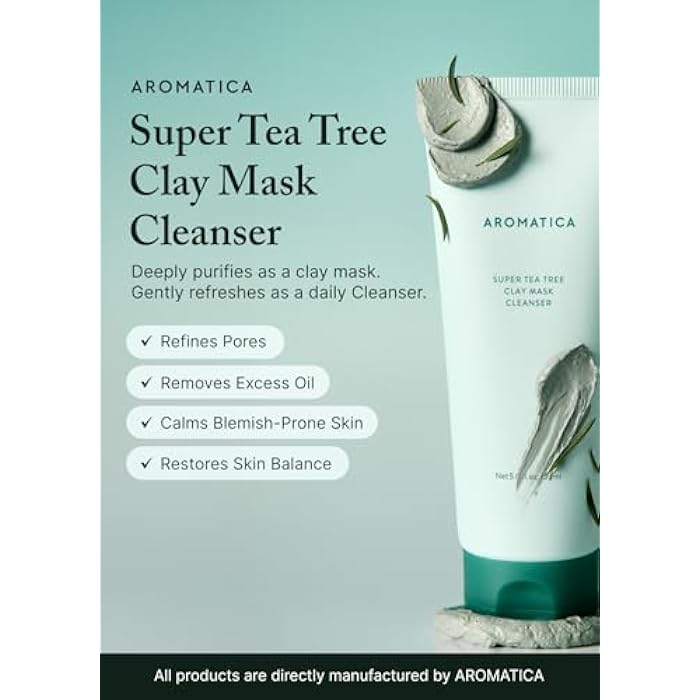 AROMATICA قناع الطين شجرة الشاي سوبر من أروما تيكا، مزيل للرؤوس السوداء ومقلص للمسام للوجه، غسول وجه كوري بزيت شجرة الشاي، 2 في 1 للعناية بالبشرة المعرضة لحب الشباب، قناع طيني ومنظف، للتحكم في الزيوت (5.0 أونصة سائلة) - Image 2