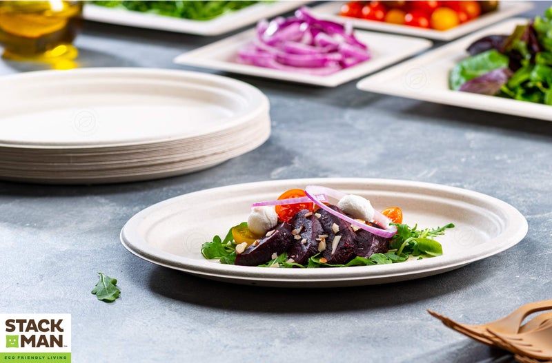 Stack Man 100% Compostable Oval Paper Plates [50-Pack] - {PFAS-Free} - {BPI Certified} - [10 Inch] Heavy Duty  Eco-Friendly  Biodegradable Bagasse Dinner Platters - Natural Brown 10"" Oval Plates by Stack Man - Image 4