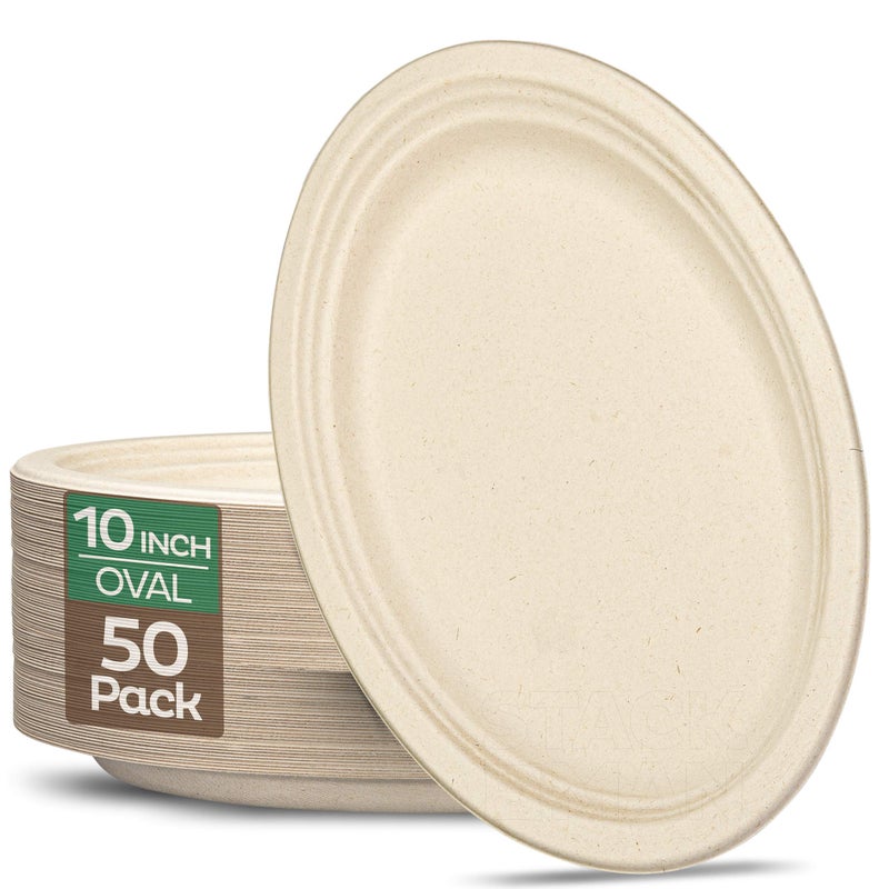 Stack Man 100% Compostable Oval Paper Plates [50-Pack] - {PFAS-Free} - {BPI Certified} - [10 Inch] Heavy Duty  Eco-Friendly  Biodegradable Bagasse Dinner Platters - Natural Brown 10"" Oval Plates by Stack Man - Image 1