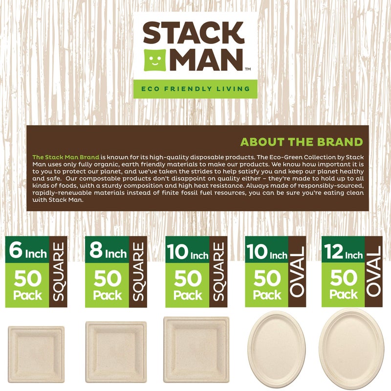 Stack Man 100% Compostable Oval Paper Plates [50-Pack] - {PFAS-Free} - {BPI Certified} - [10 Inch] Heavy Duty  Eco-Friendly  Biodegradable Bagasse Dinner Platters - Natural Brown 10"" Oval Plates by Stack Man - Image 5