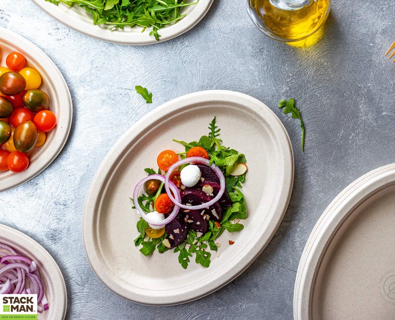 Stack Man 100% Compostable Oval Paper Plates [50-Pack] - {PFAS-Free} - {BPI Certified} - [10 Inch] Heavy Duty  Eco-Friendly  Biodegradable Bagasse Dinner Platters - Natural Brown 10"" Oval Plates by Stack Man - Image 2