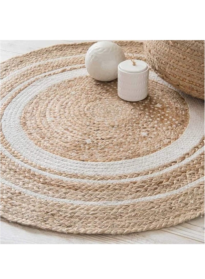 LINGWEI Floor Carpet Handmade Braided Rug With White Line Natural Jute Carpet Floor Rug Round Shape Natural - Image 2