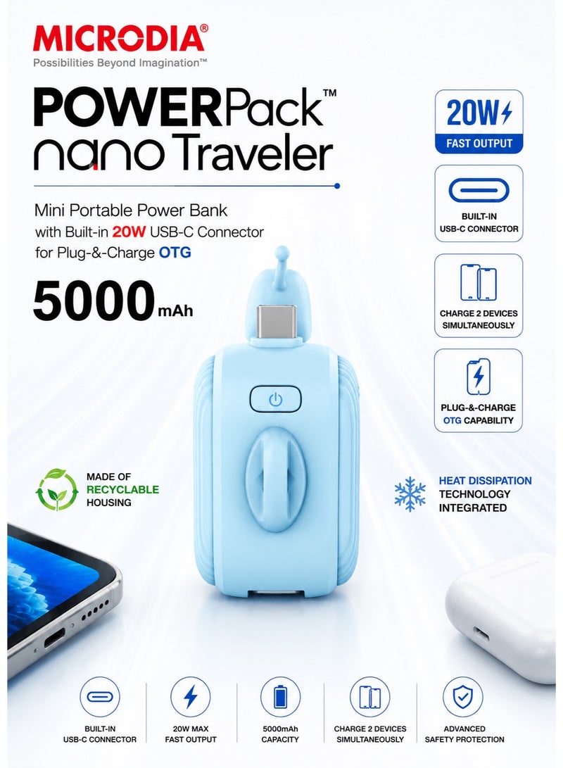 ميكروديا بنك طاقة صغير مايكروديا نانو ترافيلر 2 في 1 بقوة 20 واط، مزود بمنفذ USB-C مدمج، وسعة 5000 مللي أمبير - شاحن محمول صغير الحجم لأجهزة آيفون وسامسونج وغيرها - أزرق - Image 4