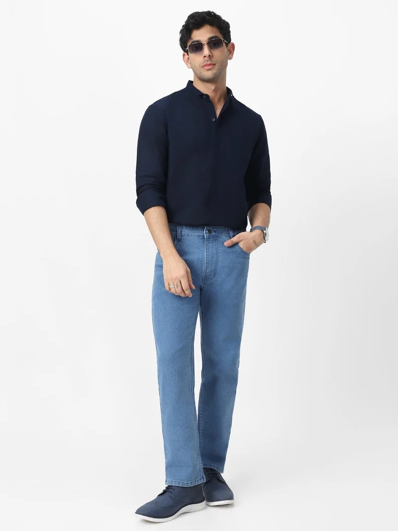 Urbano Fashion  Urbano Fashion Men's Navy Cotton Full Sleeve Regular Fit Casual Solid Shirt with Band Collar  | Best Price UAE