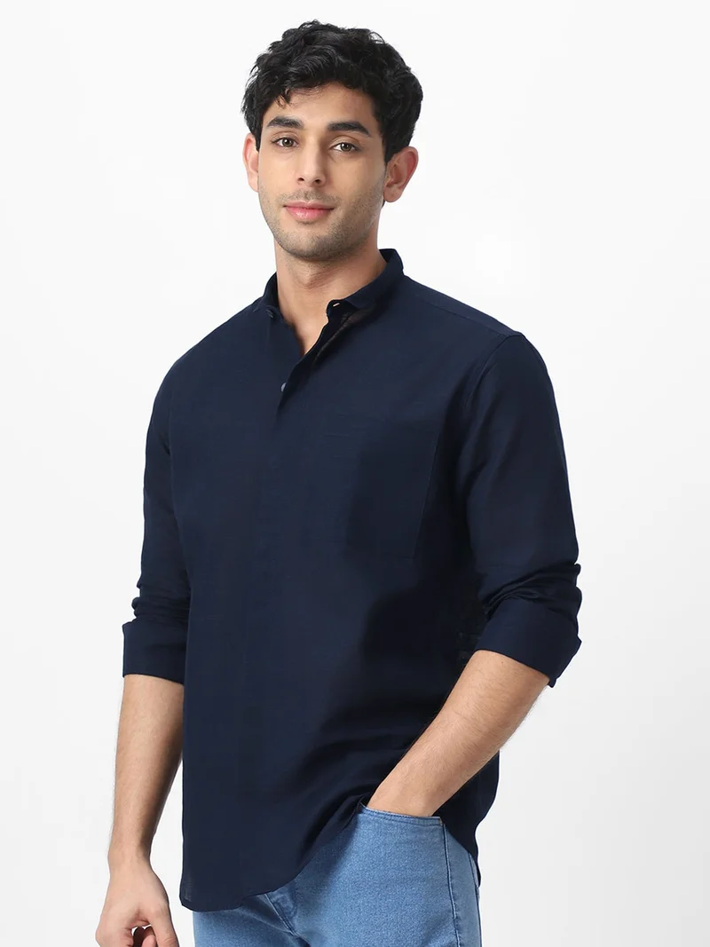 Urbano Fashion Men's Navy Cotton Full Sleeve Regular Fit Casual Solid Shirt with Band Collar