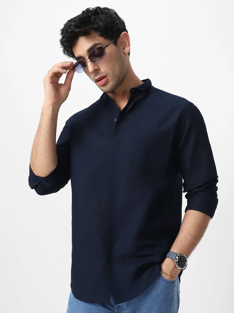 Urbano Fashion  Urbano Fashion Men's Navy Cotton Full Sleeve Regular Fit Casual Solid Shirt with Band Collar  | Best Price UAE