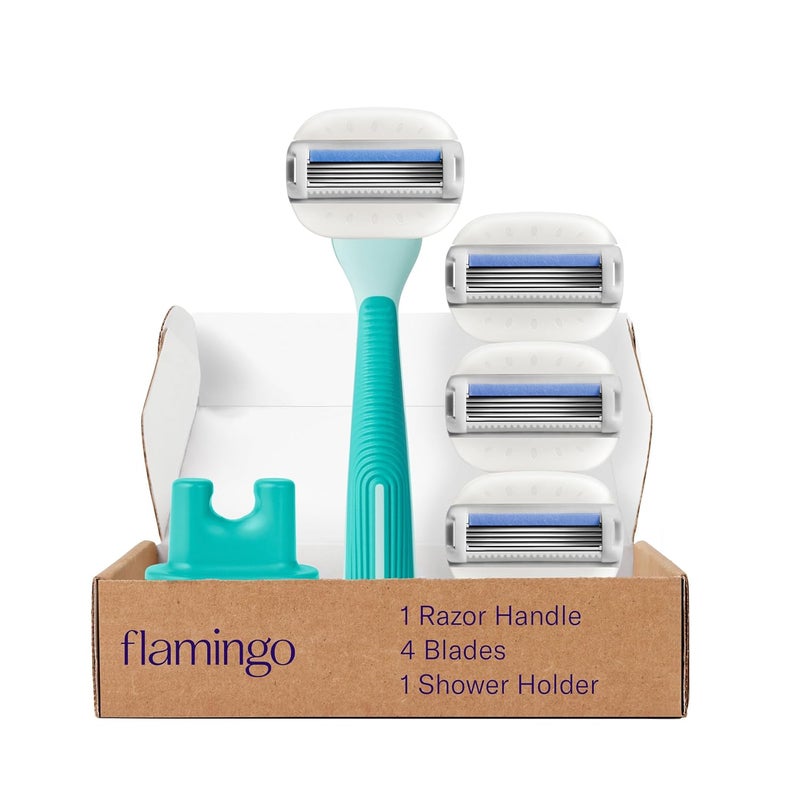Flamingo Moisture Plus Womens Razor Set  Razor Handle 4 Razor Blade Refills Shower Holder  Seafoam