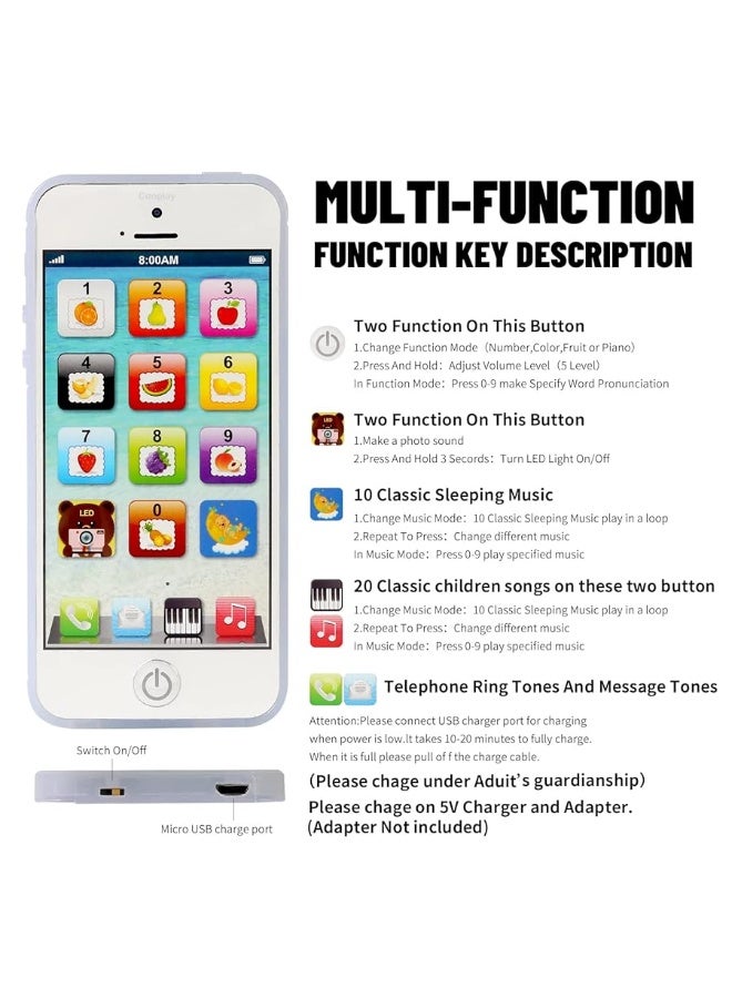 Cooplay White Smart Phone Toy Music Lullaby YPhone Song Touch Screen USB Recharable Cell Phone Learning English Mobile for Toddler Child - Image 5