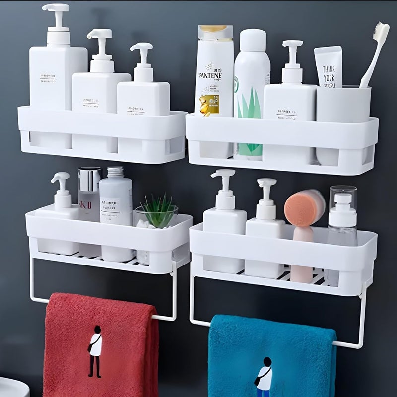 SURKHAMART Bathroom Shelf for Wall, Self-Adhesive Bathroom Organiser with Towel Holder, Ideal Bathroom Accessories for Efficient Space (4 Bathroom Shelf + 2 Towel Hanger) - Image 1