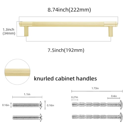 POVEFONK 10 Pack 712 inch192mm Brushed Brass Kitchen Cabinet Handles Knurled Cabinet Pulls Gold Drawer Pulls Kitchen Hardware - Image 3