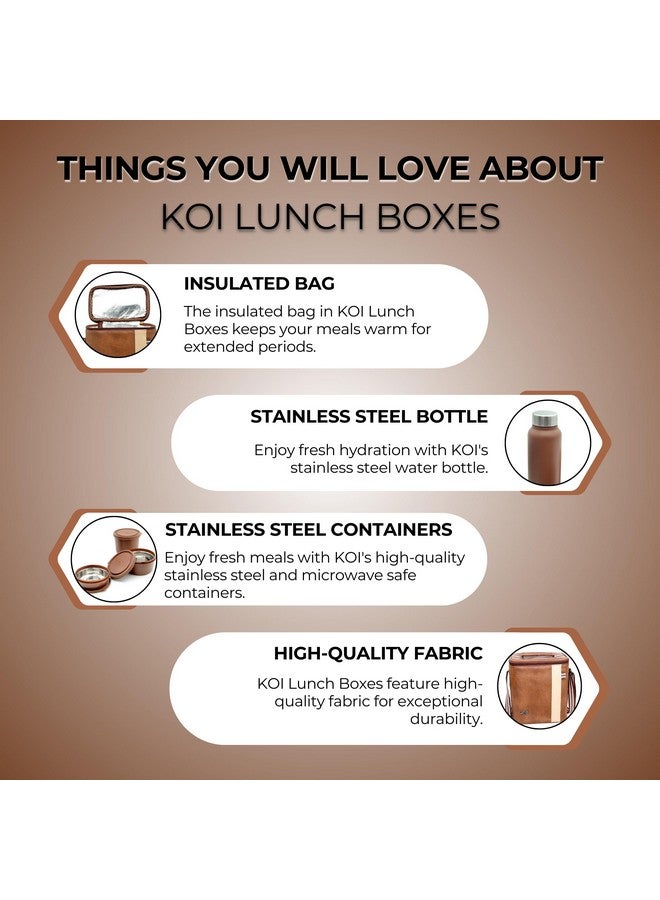 KOI طقم صندوق غداء KOI الفاخر مع حقيبة معزولة - عبوة من 3 حاويات فولاذية آمنة في الميكروويف مع أغطية خالية من BPA (290 مل، 450 مل، 600 مل)، صندوق مخلل بلاستيكي (180 مل)، وزجاجة ماء فولاذية (750 مل) - بني ممفيس - Image 4