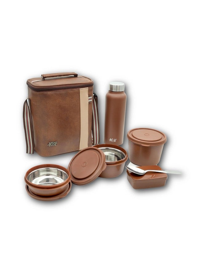 KOI طقم صندوق غداء KOI الفاخر مع حقيبة معزولة - عبوة من 3 حاويات فولاذية آمنة في الميكروويف مع أغطية خالية من BPA (290 مل، 450 مل، 600 مل)، صندوق مخلل بلاستيكي (180 مل)، وزجاجة ماء فولاذية (750 مل) - بني ممفيس - Image 1