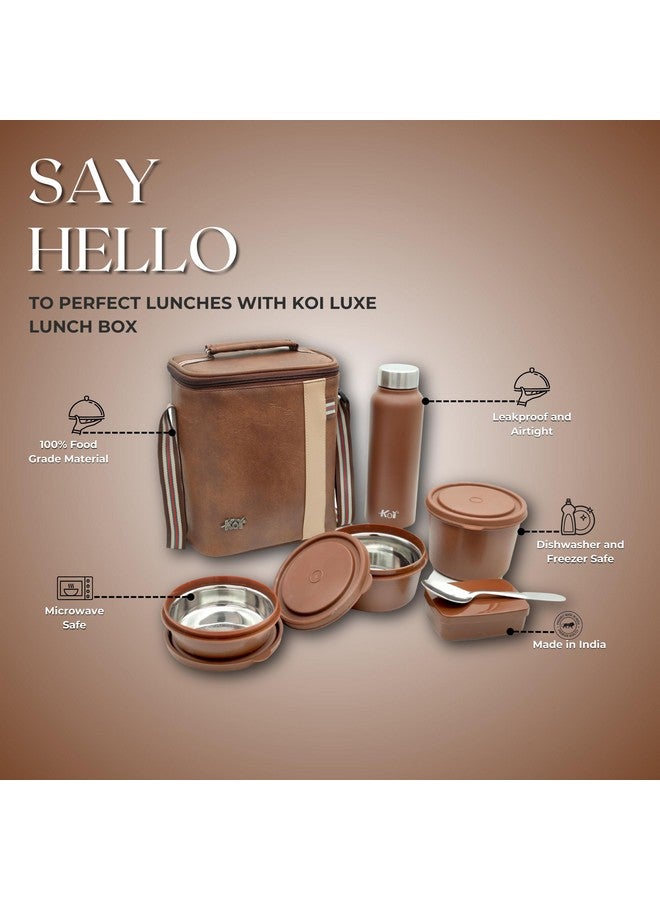KOI طقم صندوق غداء KOI الفاخر مع حقيبة معزولة - عبوة من 3 حاويات فولاذية آمنة في الميكروويف مع أغطية خالية من BPA (290 مل، 450 مل، 600 مل)، صندوق مخلل بلاستيكي (180 مل)، وزجاجة ماء فولاذية (750 مل) - بني ممفيس - Image 2