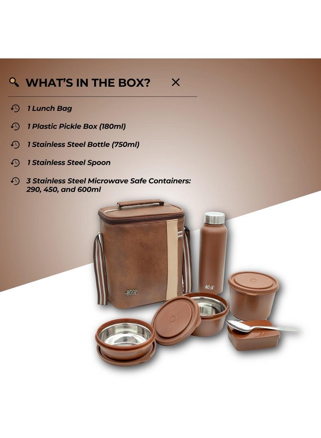 KOI طقم صندوق غداء KOI الفاخر مع حقيبة معزولة - عبوة من 3 حاويات فولاذية آمنة في الميكروويف مع أغطية خالية من BPA (290 مل، 450 مل، 600 مل)، صندوق مخلل بلاستيكي (180 مل)، وزجاجة ماء فولاذية (750 مل) - بني ممفيس - Image 3