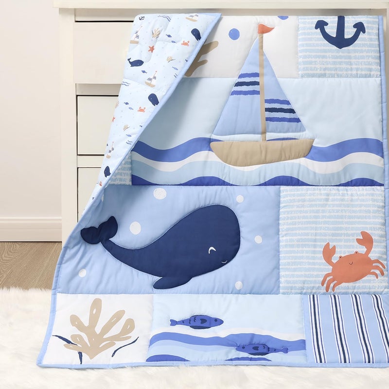 The Peanut Shell The Peanutshell 3 Piece Nautical Patch Baby Crib Bedding Set Boy, Baby Blanket Quilt, Fitted Crib Sheets for Boys, Navy & Blue Striped Crib Skirt Ocean Nursery Decor Boy - Image 2