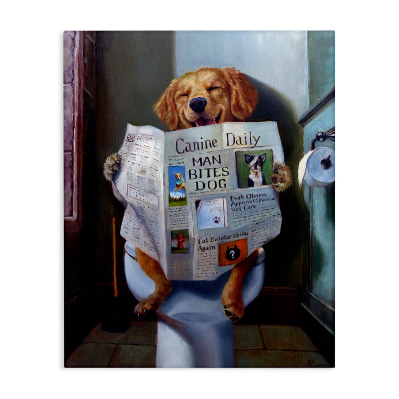 Stupell Industries Dog Reading Newspaper On Toilet, Designed By Lucia Heffernan, 16 x 20, Canvas Wall Art - Image 1