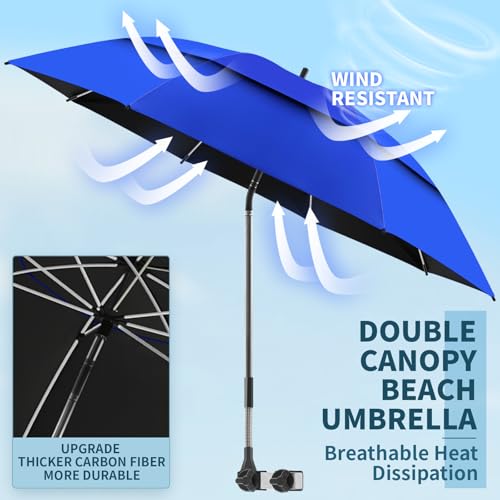 NBtoUS 2 Pack 486 Double Canopy Beach Umbrella with Clamp UPF50 Beach Chair Umbrella with clip 360Adjustable Portable Outdoor Wheelchair Patio Golf CartsCampingNot Include Chair - Image 3
