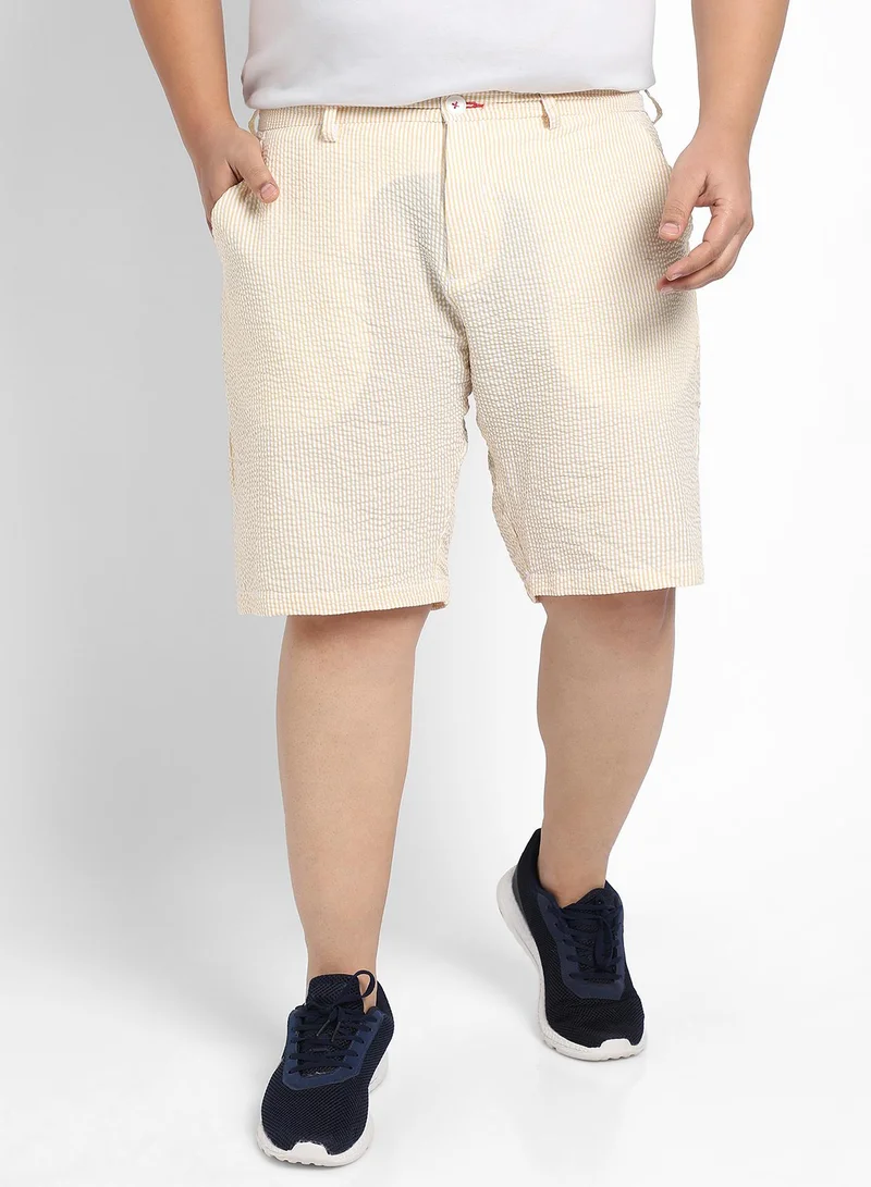 Instafab Plus Men's Yellow Seersucker Stripe Shorts For Casual Wear | Striped Pattern | Angled Open Pockets | Button Closure | Cotton Poly Spandex Shorts Crafted With Comfort Fit For Everyday Wear