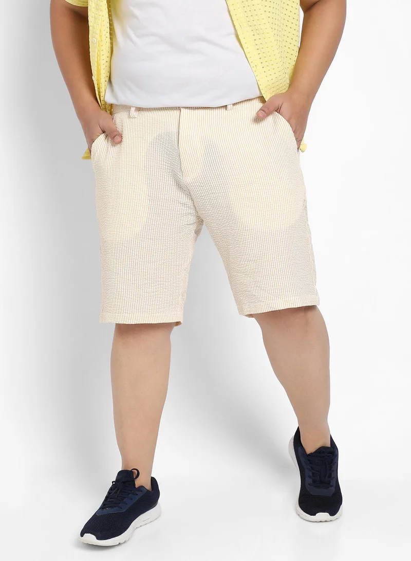 Instafab Plus Men's Yellow Seersucker Stripe Shorts For Casual Wear | Striped Pattern | Angled Open Pockets | Button Closure | Cotton Poly Spandex Shorts Crafted With Comfort Fit For Everyday Wear