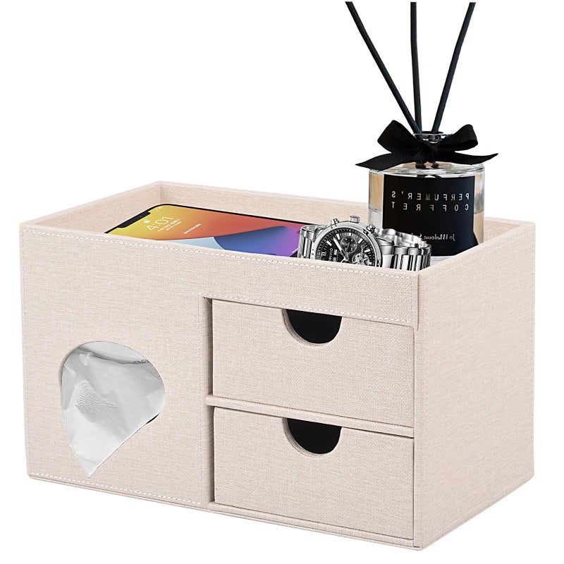 RHCSZ Square Tissue Box Cover with Drawers,Tissue Box Holder with Storage Tray,â€‹ Makeup Organizer and Desk Organizer,Tissue Holders Decorative for Bathroom Vanity NightStand Dressing Table (Beige) - Image 1